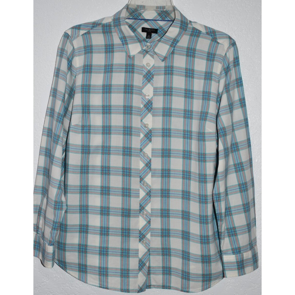 Talbots‎ LP Shirt Pink Green Plaid Cotton Button Front Long Sleeves Lightweight